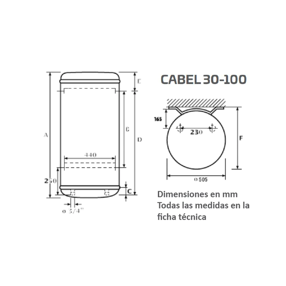 Medidas Termo Electrico Vertical Cabel 30L